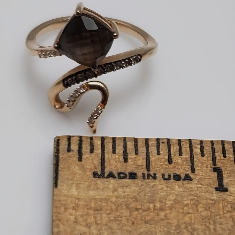 LeVian solid 14k genuine STRAWBERY GOLD/white diamonds/chocolate quartz ring - Picture 3 of 6